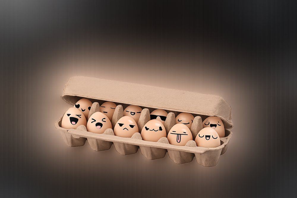 Carton of eggs with playful hand-drawn faces