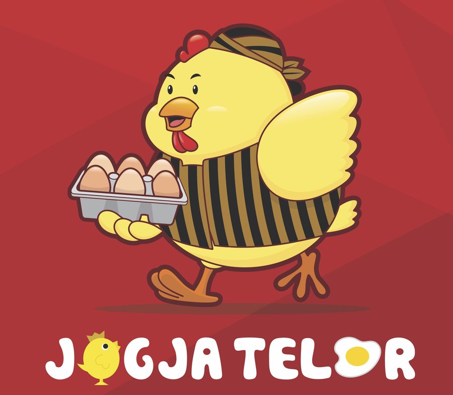 Jogja Telor mascot carrying a tray of fresh eggs