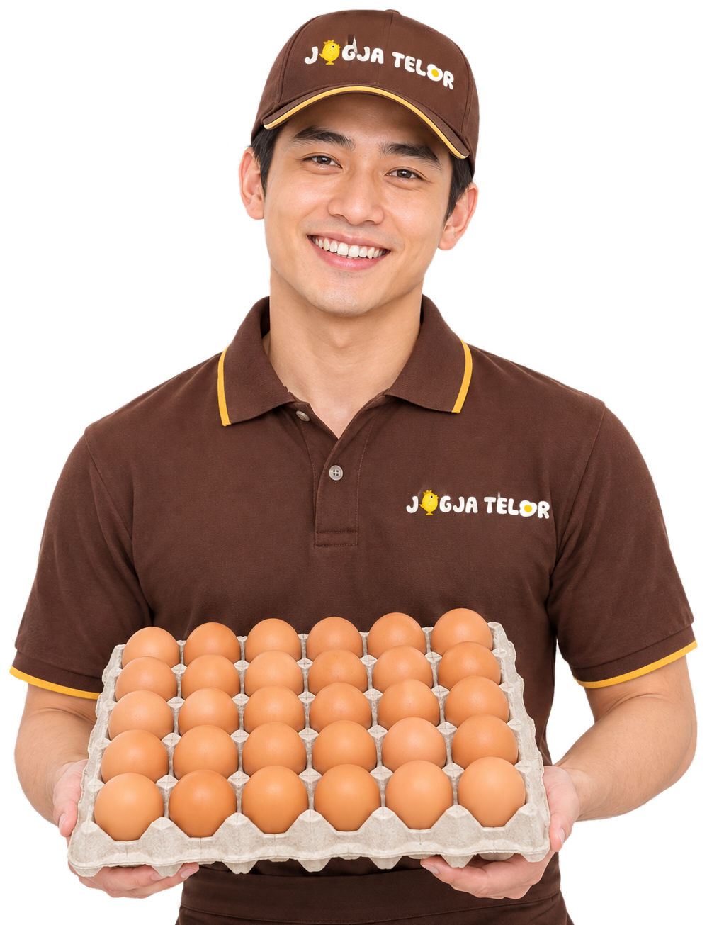 Jogja Telor staff member holding a tray of fresh graded eggs