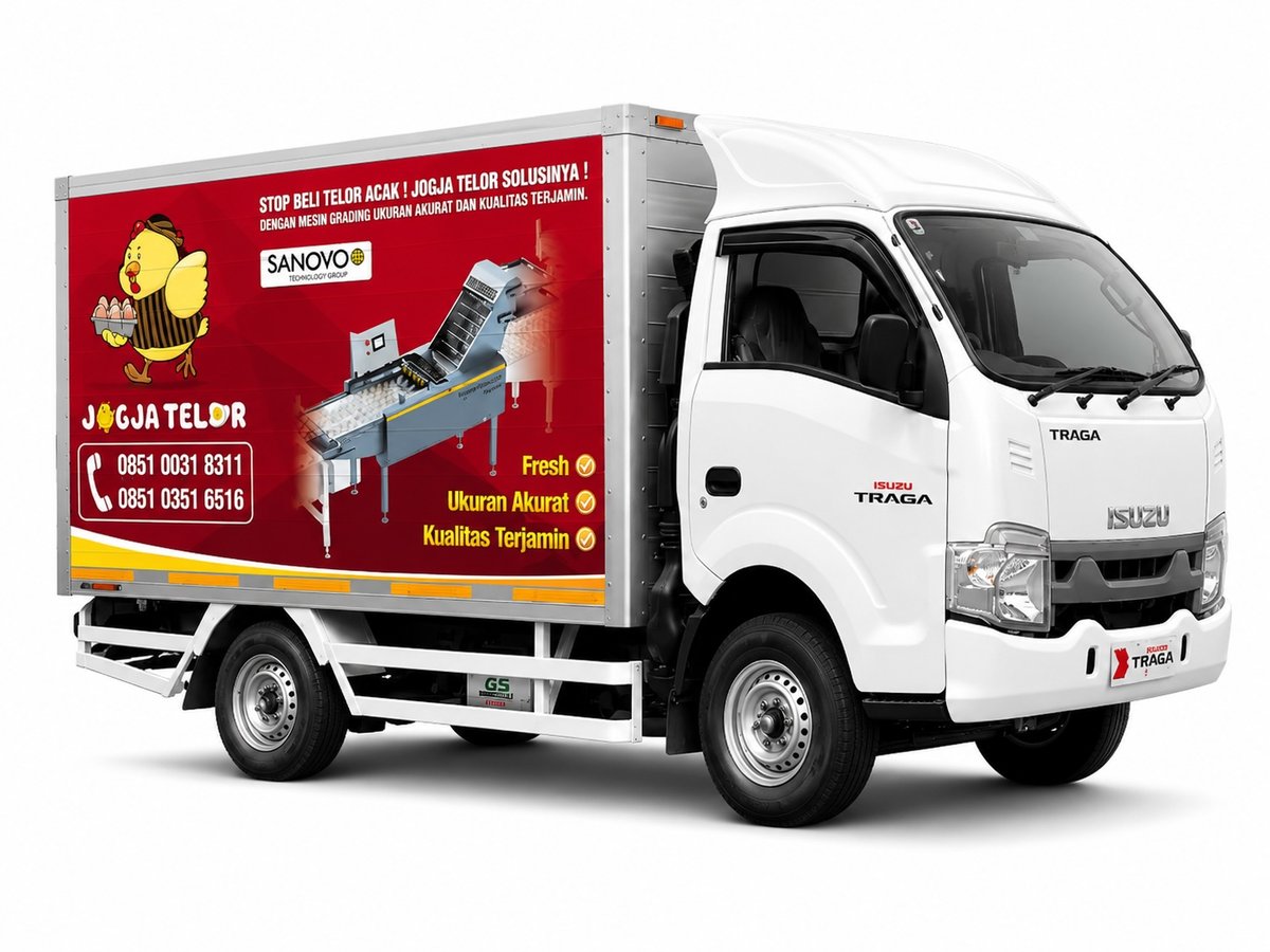 Jogja Telor delivery truck branded with fresh, accurate sizing, and quality guaranteed