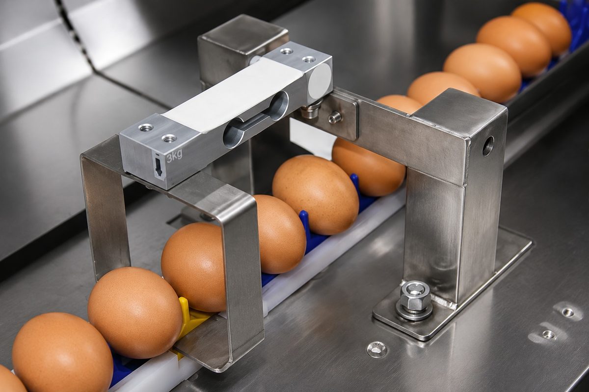 Electronic weighing sensor precisely measuring each egg
